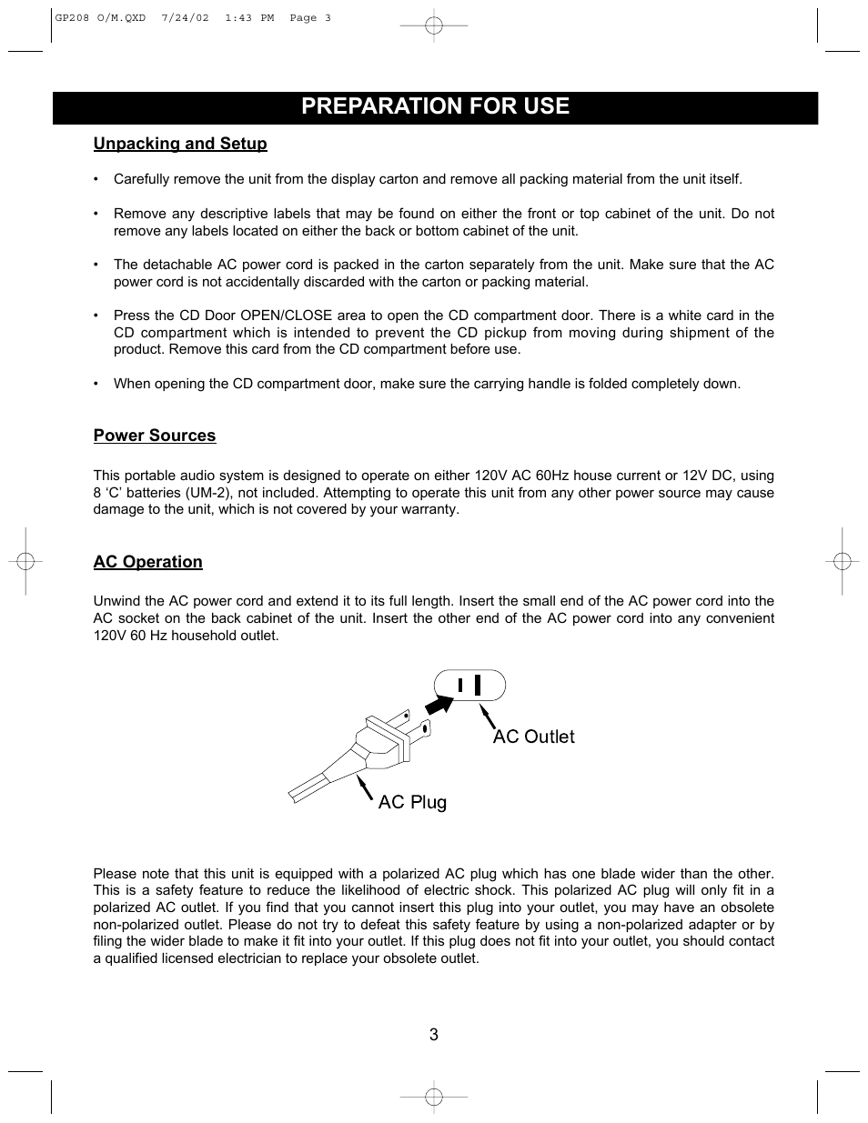 Preparation for use, Ac plug ac outlet | Emerson Radio GP208 User Manual | Page 3 / 15