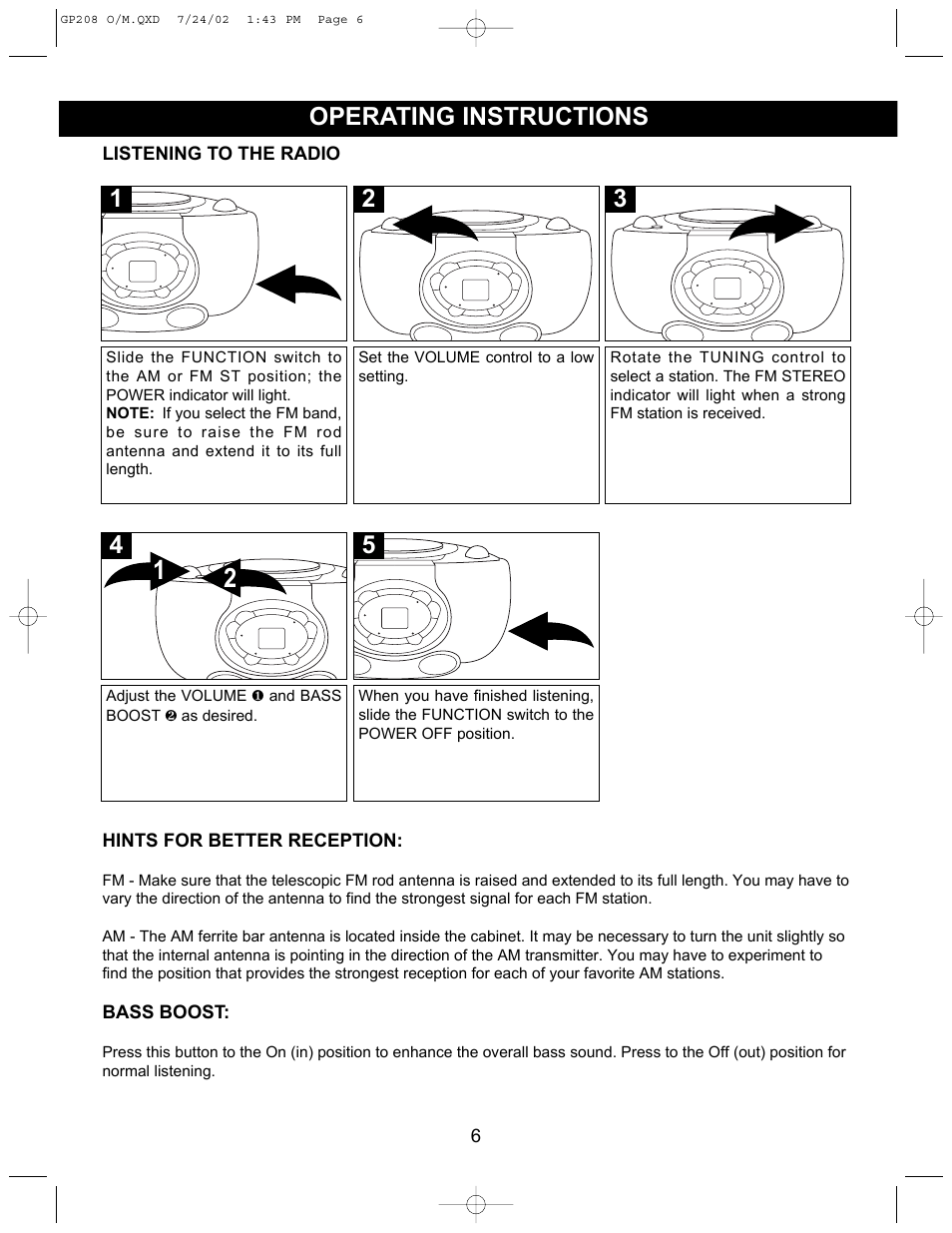 Operating instructions | Emerson Radio GP208 User Manual | Page 6 / 15