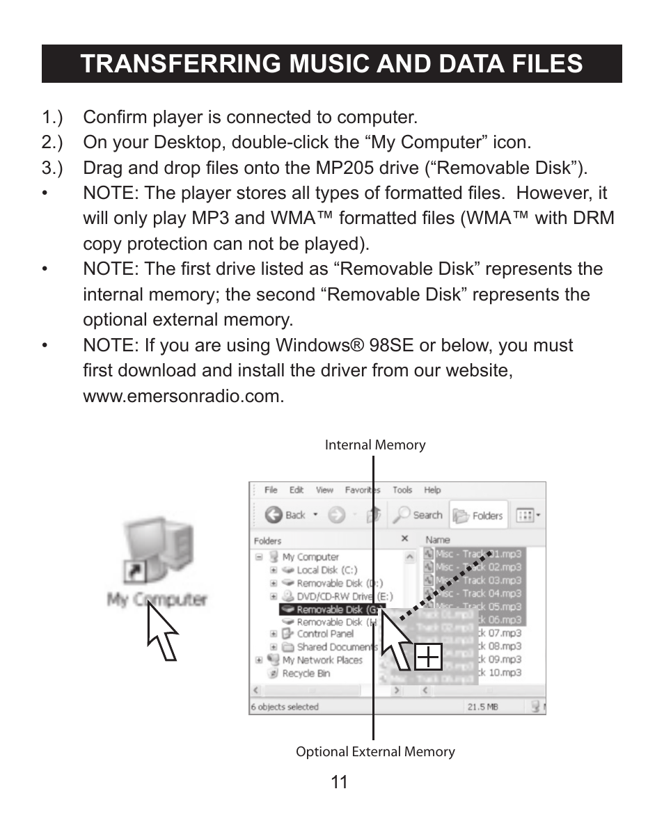 Transferring music and data files | Emerson Radio MP205 User Manual | Page 11 / 28