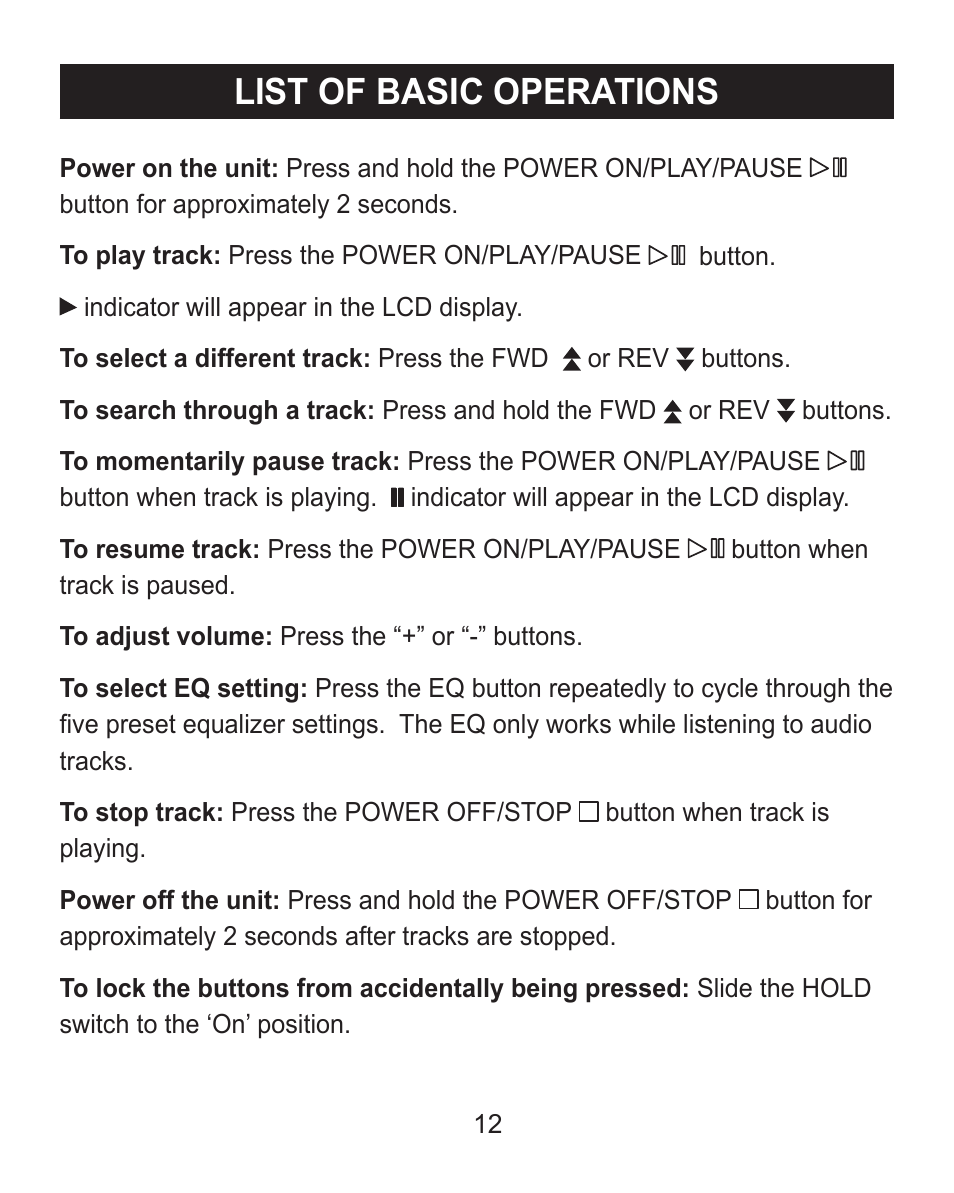 List of basic operations | Emerson Radio MP205 User Manual | Page 12 / 28