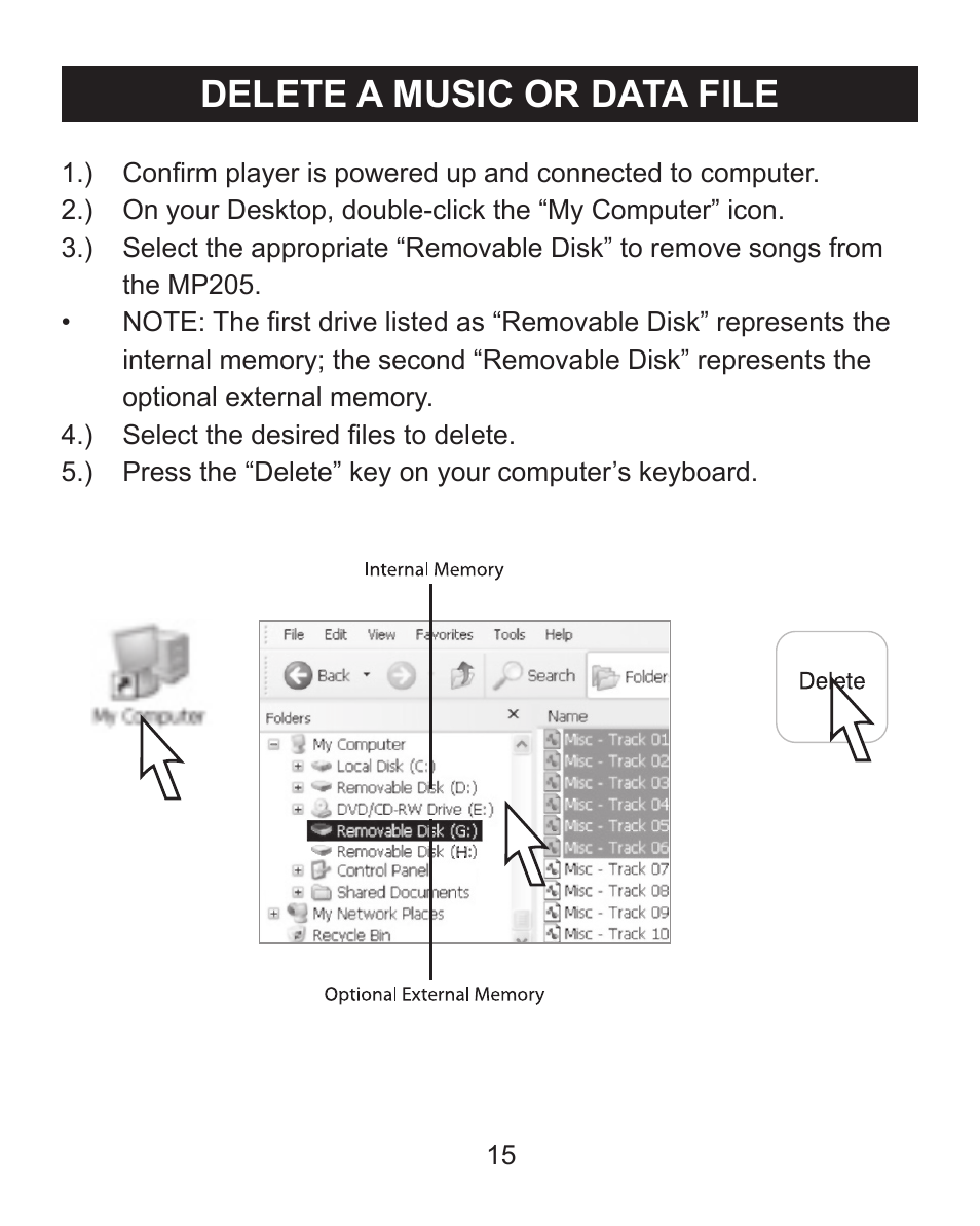 Delete a music or data file | Emerson Radio MP205 User Manual | Page 15 / 28