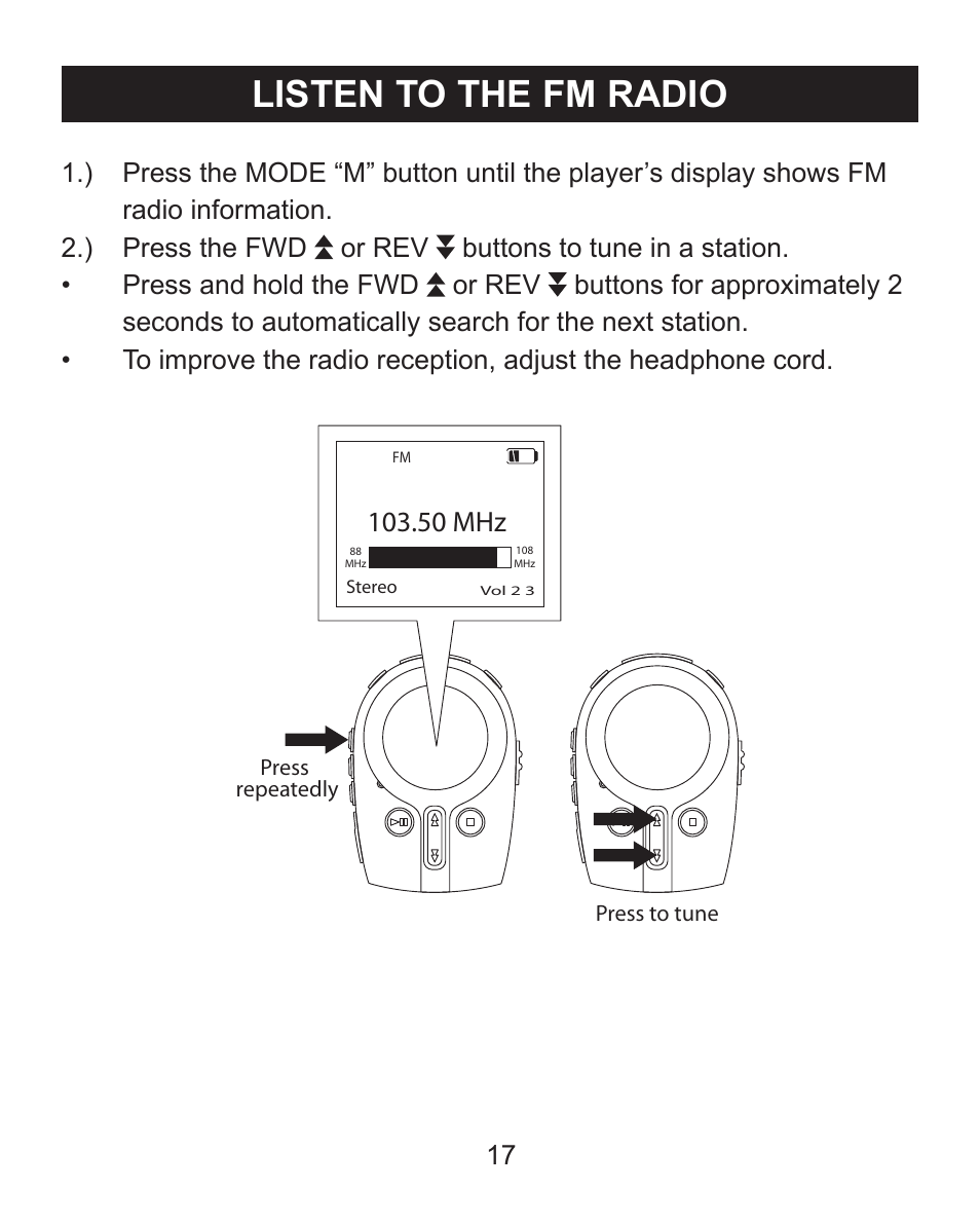Listen to the fm radio, 50 mhz | Emerson Radio MP205 User Manual | Page 17 / 28