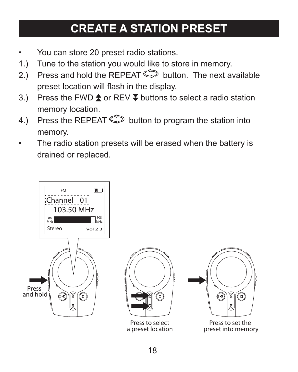 Create a station preset, 50 mhz | Emerson Radio MP205 User Manual | Page 18 / 28