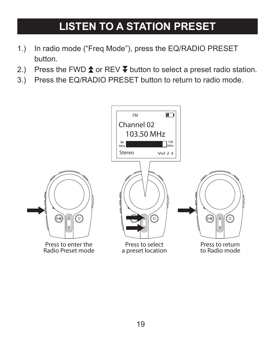 Listen to a station preset, 50 mhz, Channel 02 | Emerson Radio MP205 User Manual | Page 19 / 28