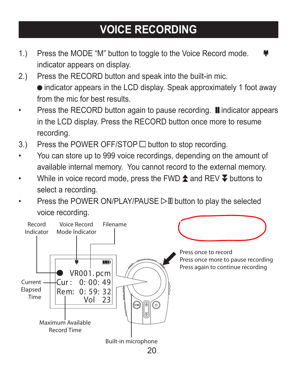 Voice recording | Emerson Radio MP205 User Manual | Page 20 / 28