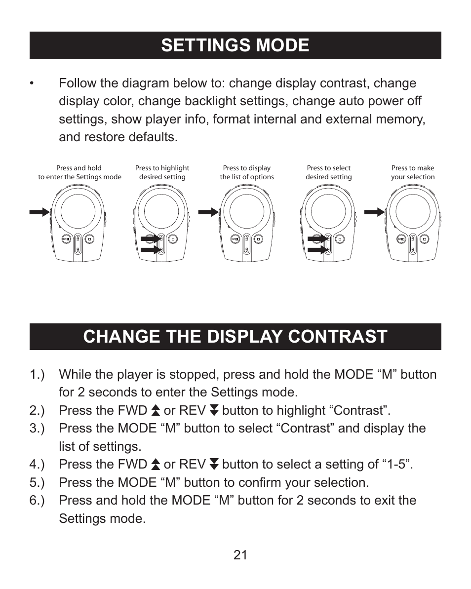 Settings mode, Change the display contrast | Emerson Radio MP205 User Manual | Page 21 / 28