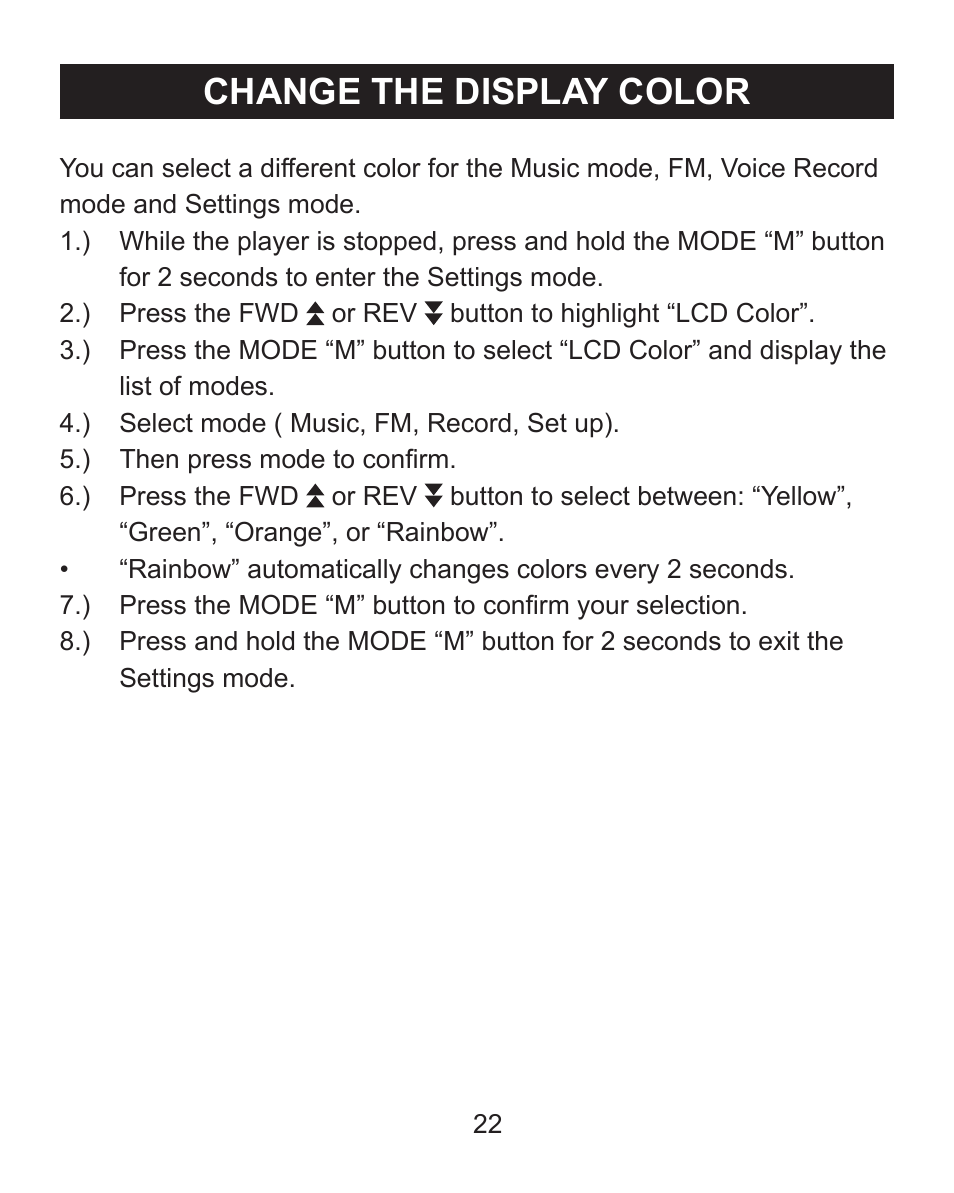 Change the display color | Emerson Radio MP205 User Manual | Page 22 / 28