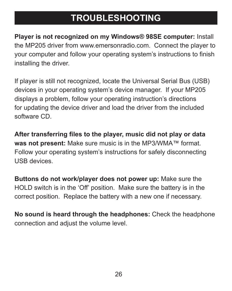 Troubleshooting | Emerson Radio MP205 User Manual | Page 26 / 28
