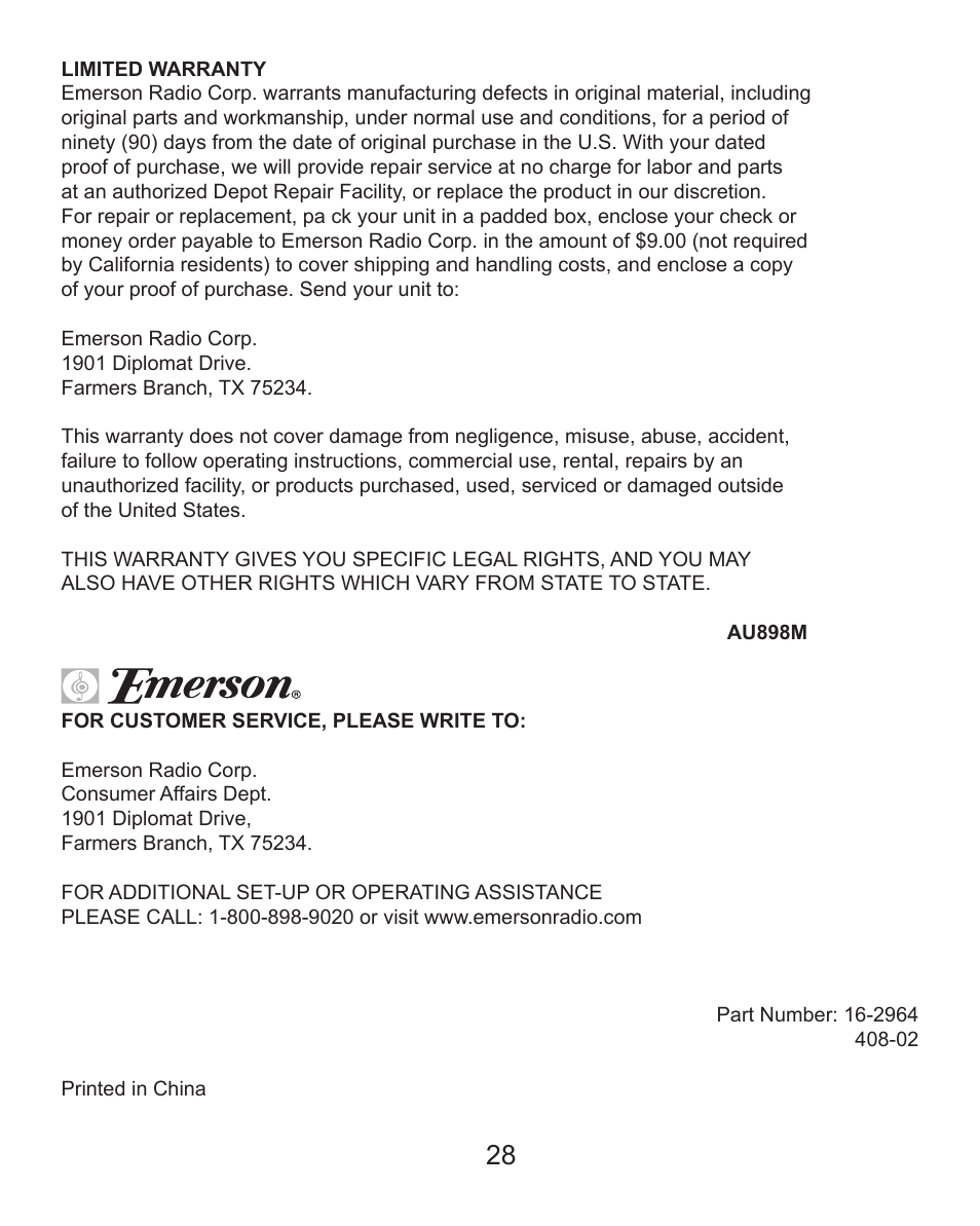 Emerson Radio MP205 User Manual | Page 28 / 28
