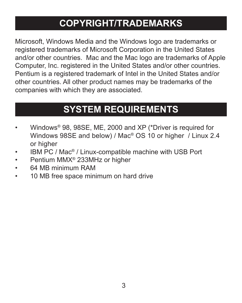 Copyright/trademarks, System requirements | Emerson Radio MP205 User Manual | Page 3 / 28