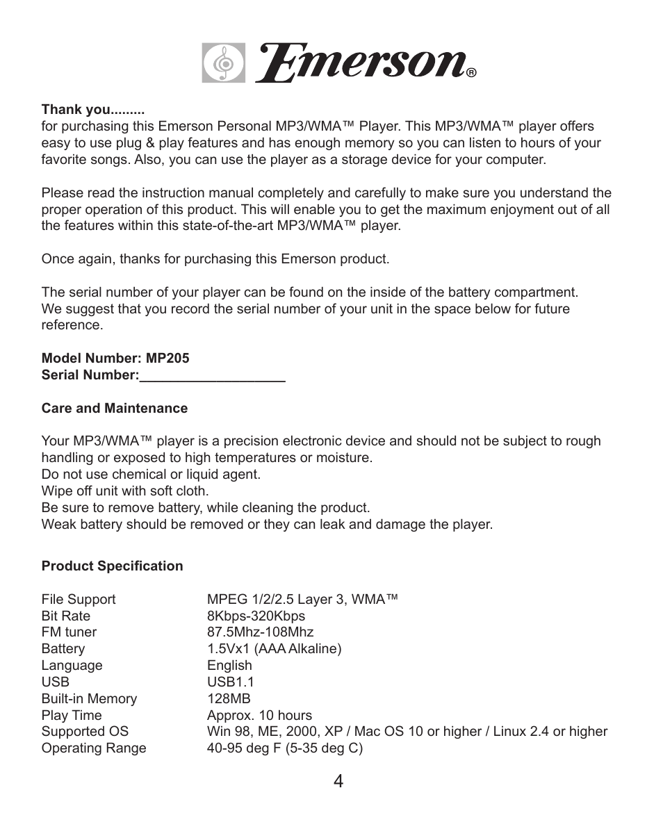 Emerson Radio MP205 User Manual | Page 4 / 28