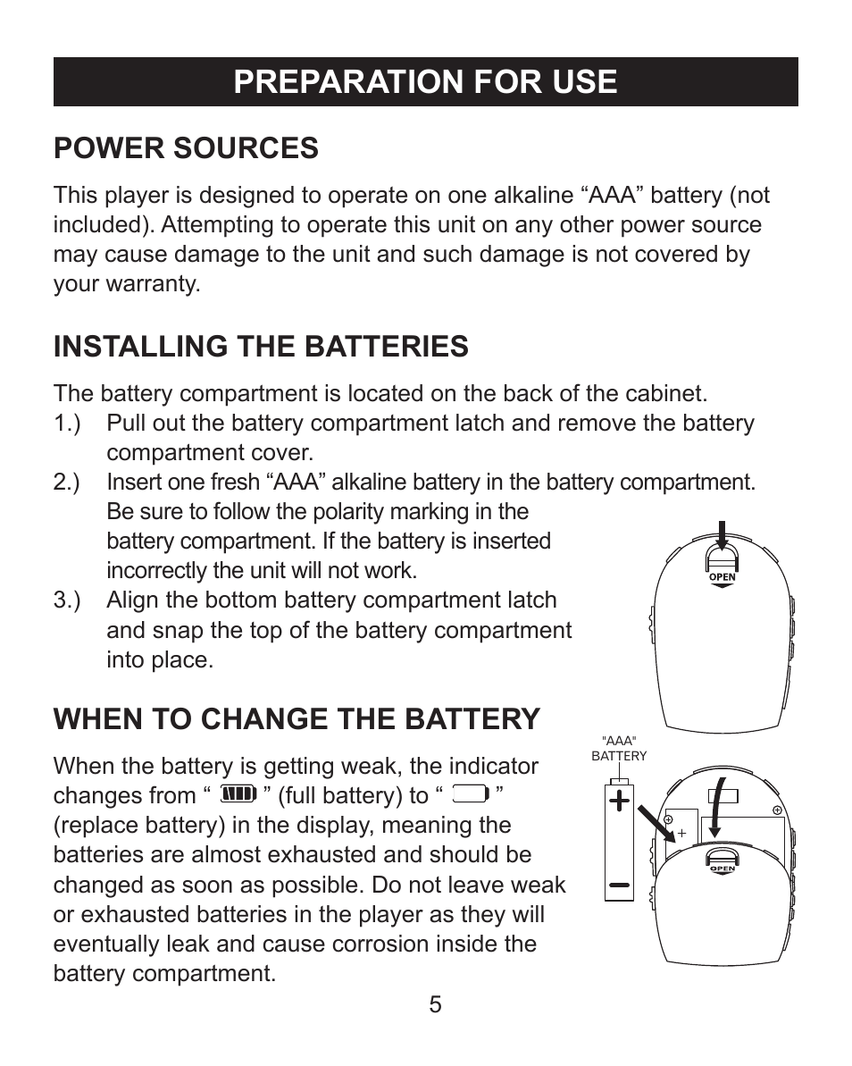 Preparation for use, Power sources, Installing the batteries | When to change the battery | Emerson Radio MP205 User Manual | Page 5 / 28