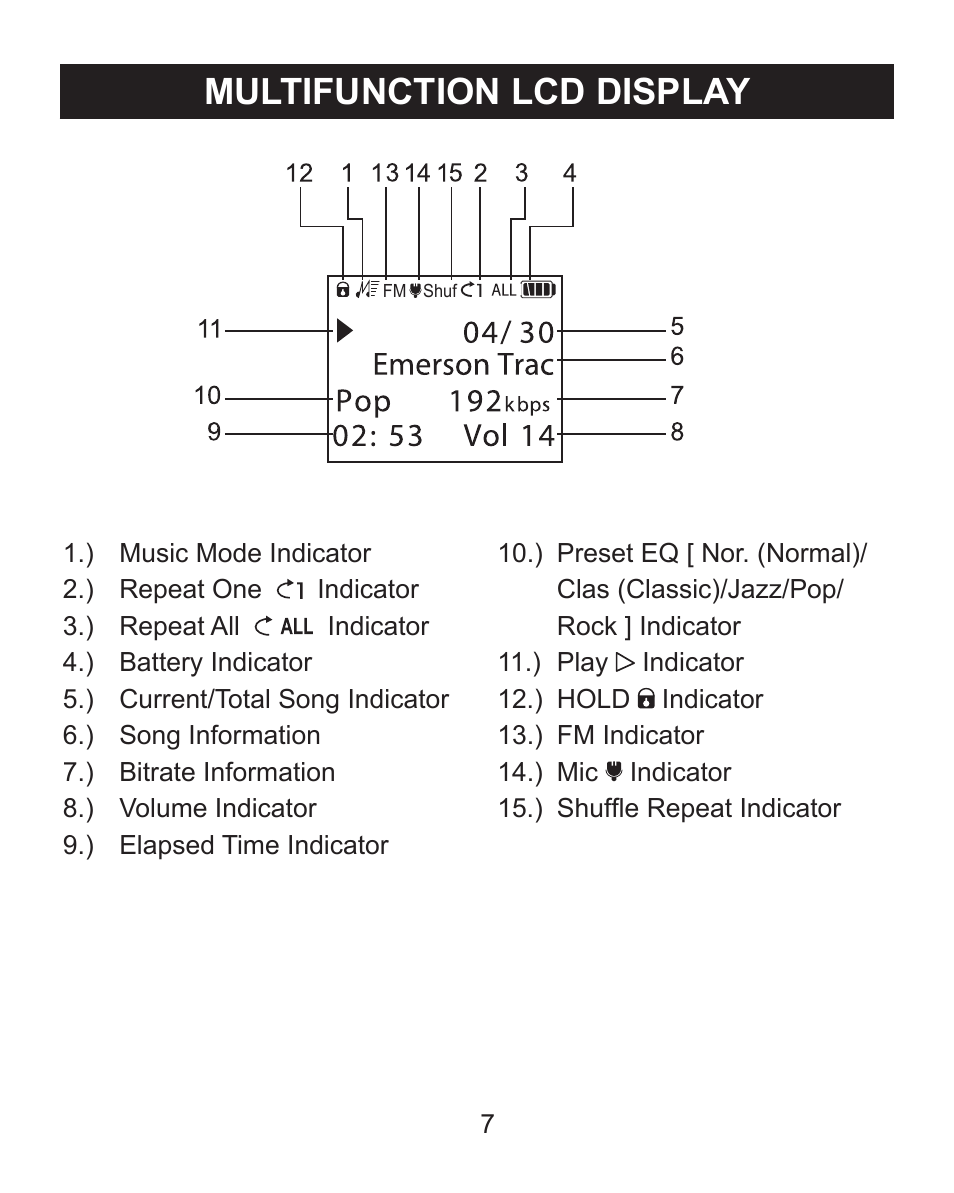 Multifunction lcd display | Emerson Radio MP205 User Manual | Page 7 / 28