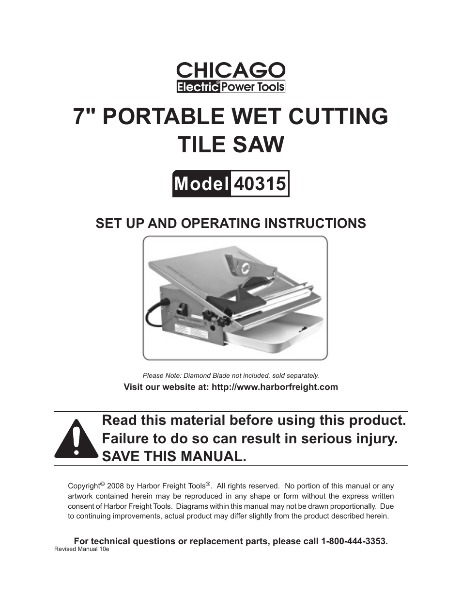 Chicago Electric Powertools 7" PORTABLE WET CUTTING 40315 User Manual | 20 pages