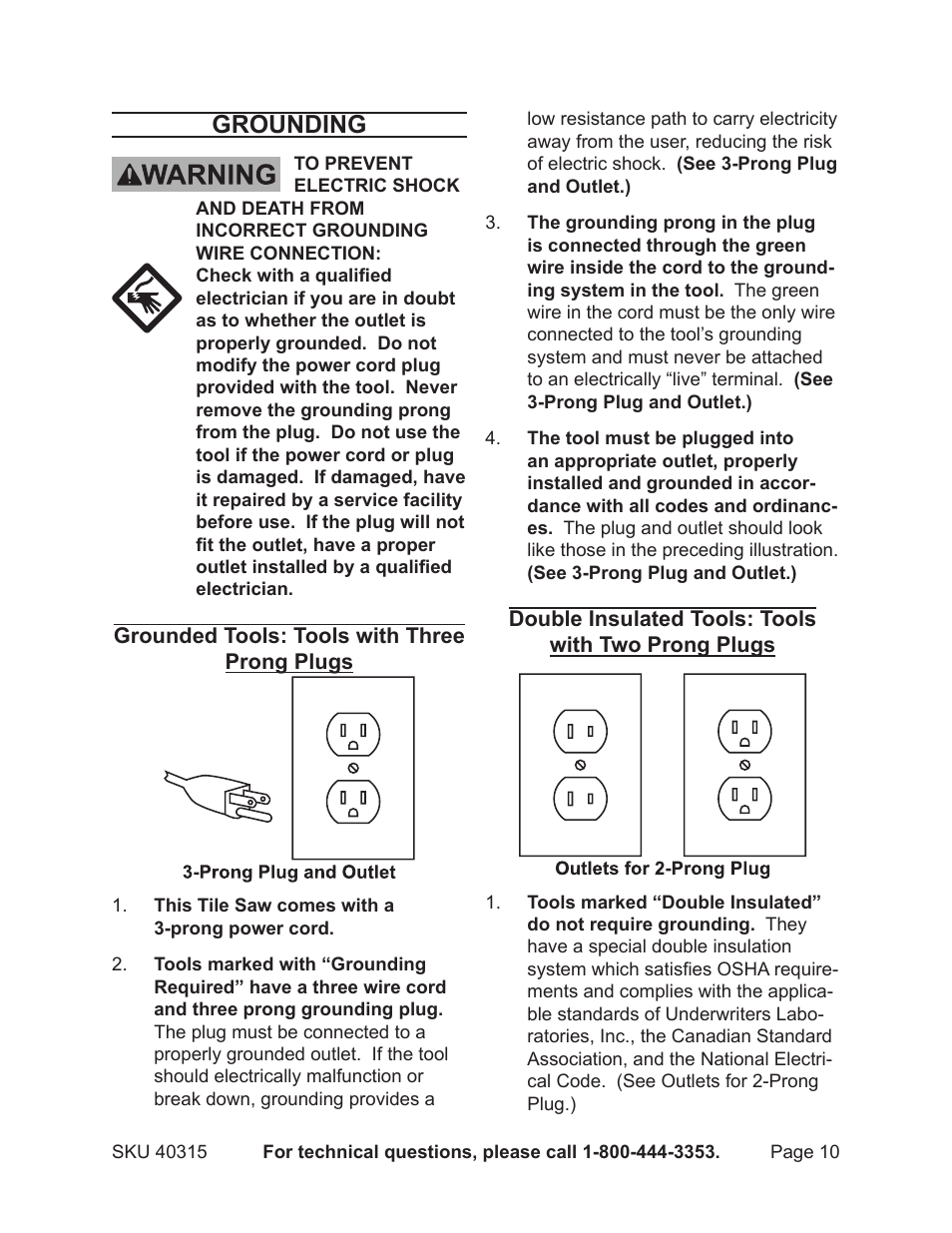 Grounding | Chicago Electric Powertools 7" PORTABLE WET CUTTING 40315 User Manual | Page 10 / 20