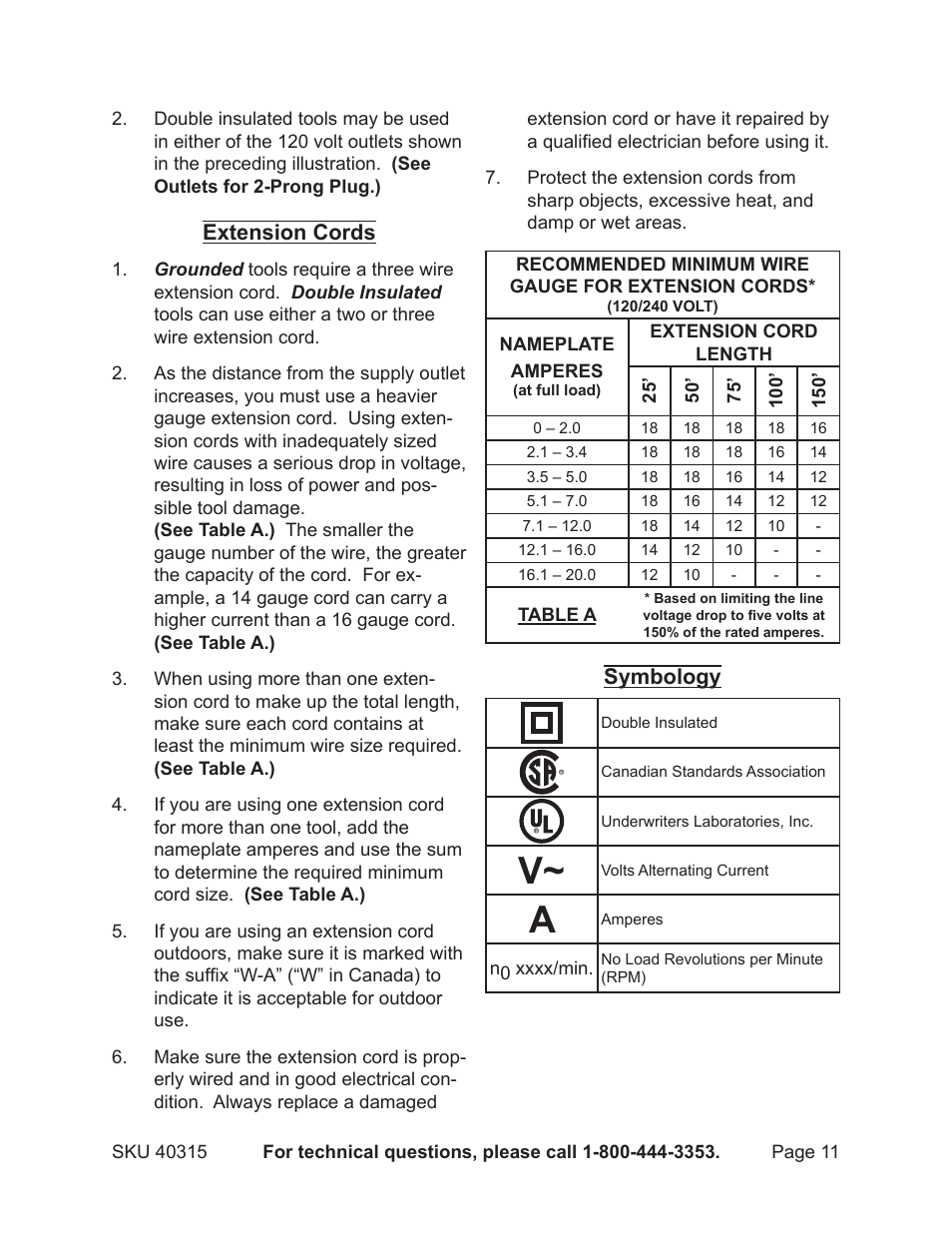 Extension cords, Symbology | Chicago Electric Powertools 7" PORTABLE WET CUTTING 40315 User Manual | Page 11 / 20