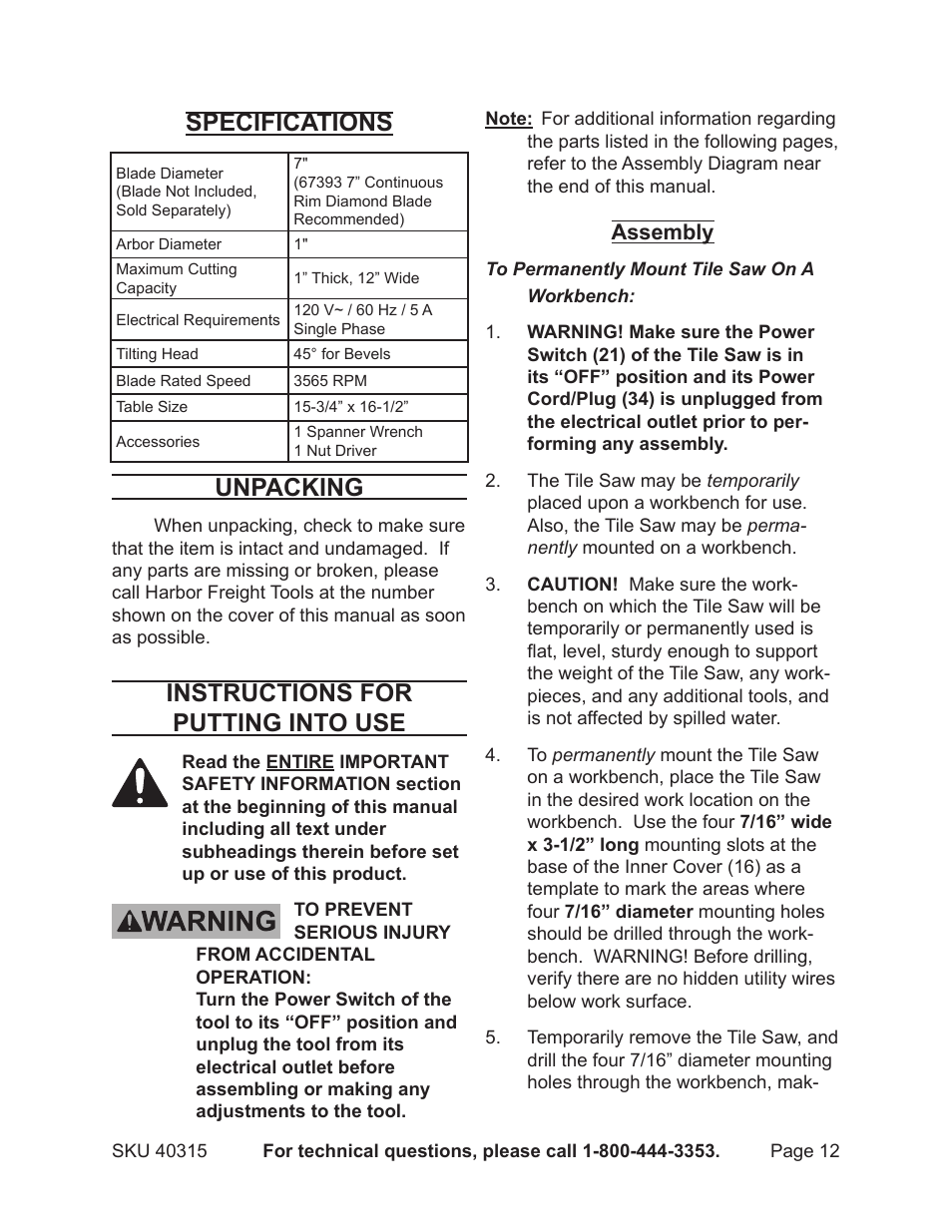 Specifications, Unpacking, Instructions for putting into use | Chicago Electric Powertools 7" PORTABLE WET CUTTING 40315 User Manual | Page 12 / 20