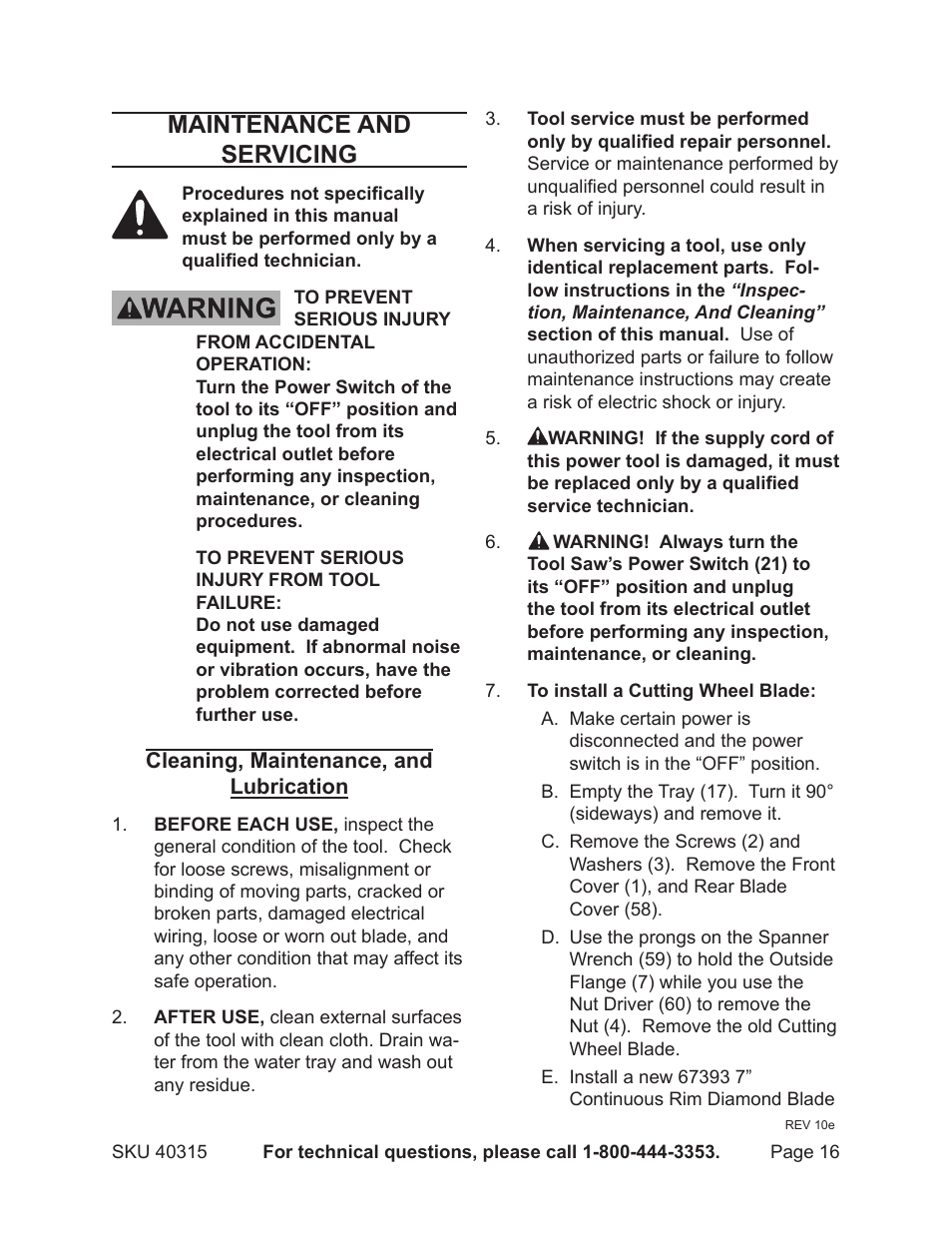 Maintenance and servicing | Chicago Electric Powertools 7" PORTABLE WET CUTTING 40315 User Manual | Page 16 / 20