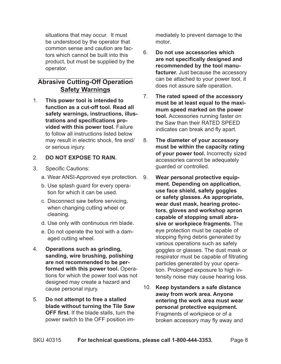 Chicago Electric Powertools 7" PORTABLE WET CUTTING 40315 User Manual | Page 8 / 20