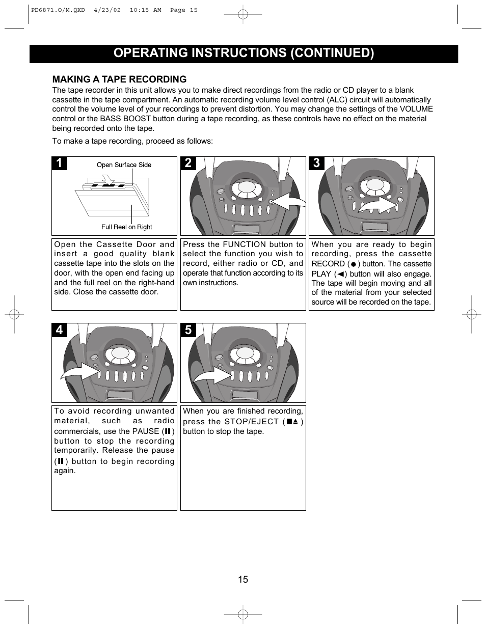 5operating instructions (continued) | Emerson Radio PD6871 User Manual | Page 15 / 23