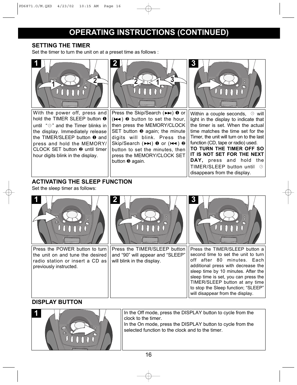 Operating instructions (continued) | Emerson Radio PD6871 User Manual | Page 16 / 23