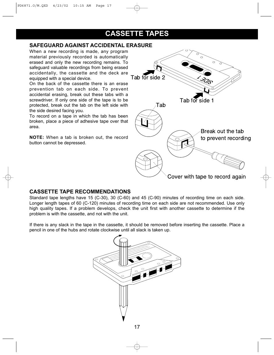 Cassette tapes, Side 1 | Emerson Radio PD6871 User Manual | Page 17 / 23