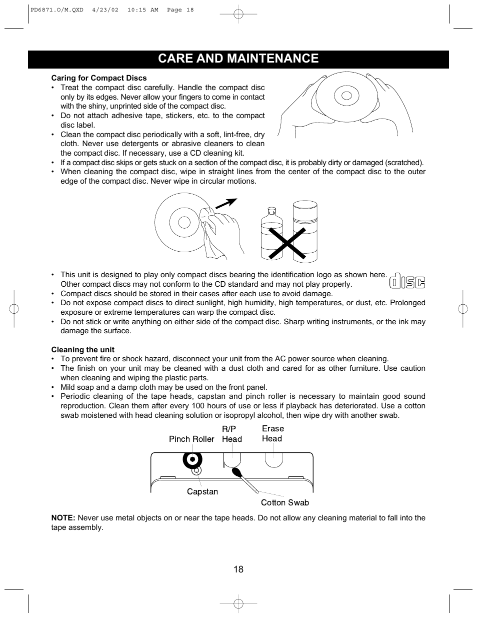 Care and maintenance | Emerson Radio PD6871 User Manual | Page 18 / 23
