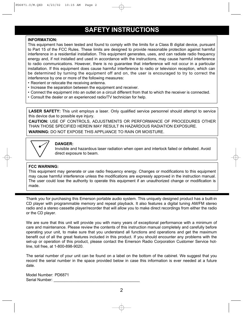 Safety instructions | Emerson Radio PD6871 User Manual | Page 2 / 23