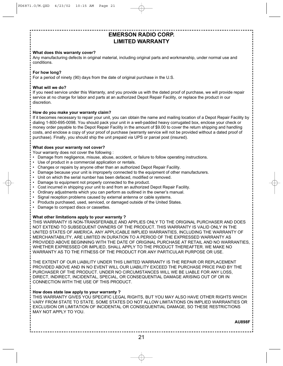 Emerson Radio PD6871 User Manual | Page 21 / 23