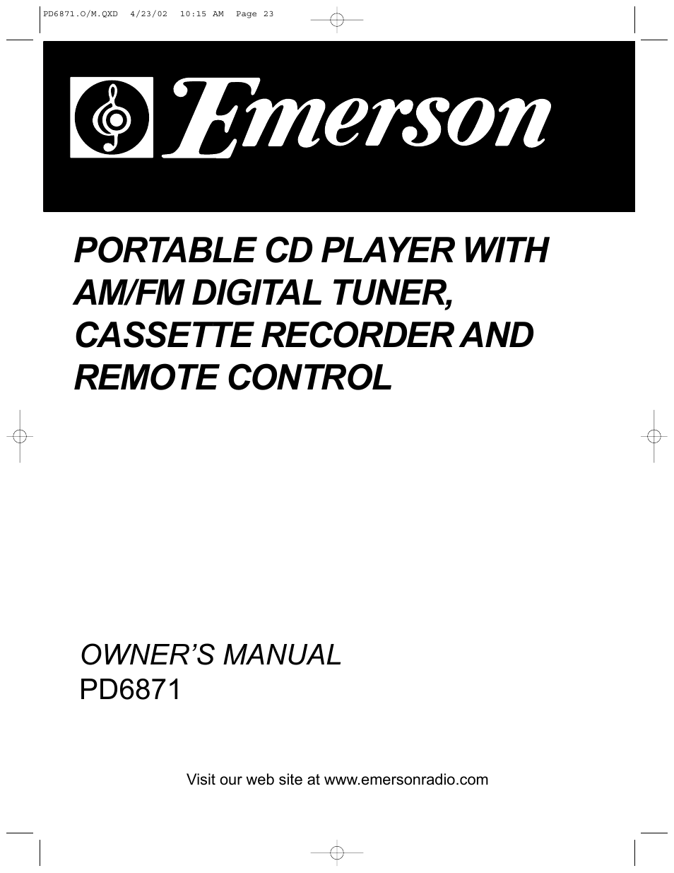 Owner’s manual pd6871 | Emerson Radio PD6871 User Manual | Page 23 / 23