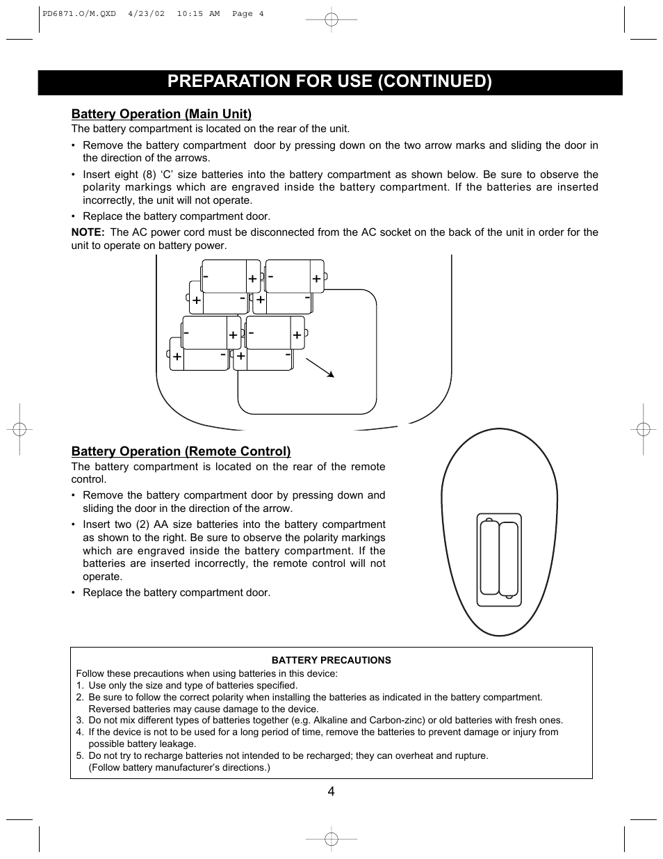 Preparation for use (continued) | Emerson Radio PD6871 User Manual | Page 4 / 23