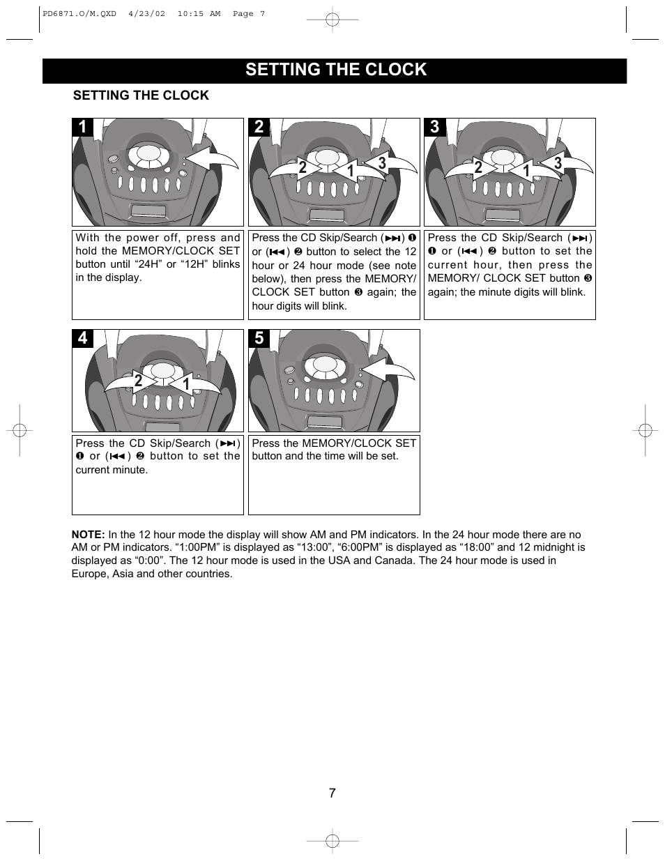Setting the clock | Emerson Radio PD6871 User Manual | Page 7 / 23