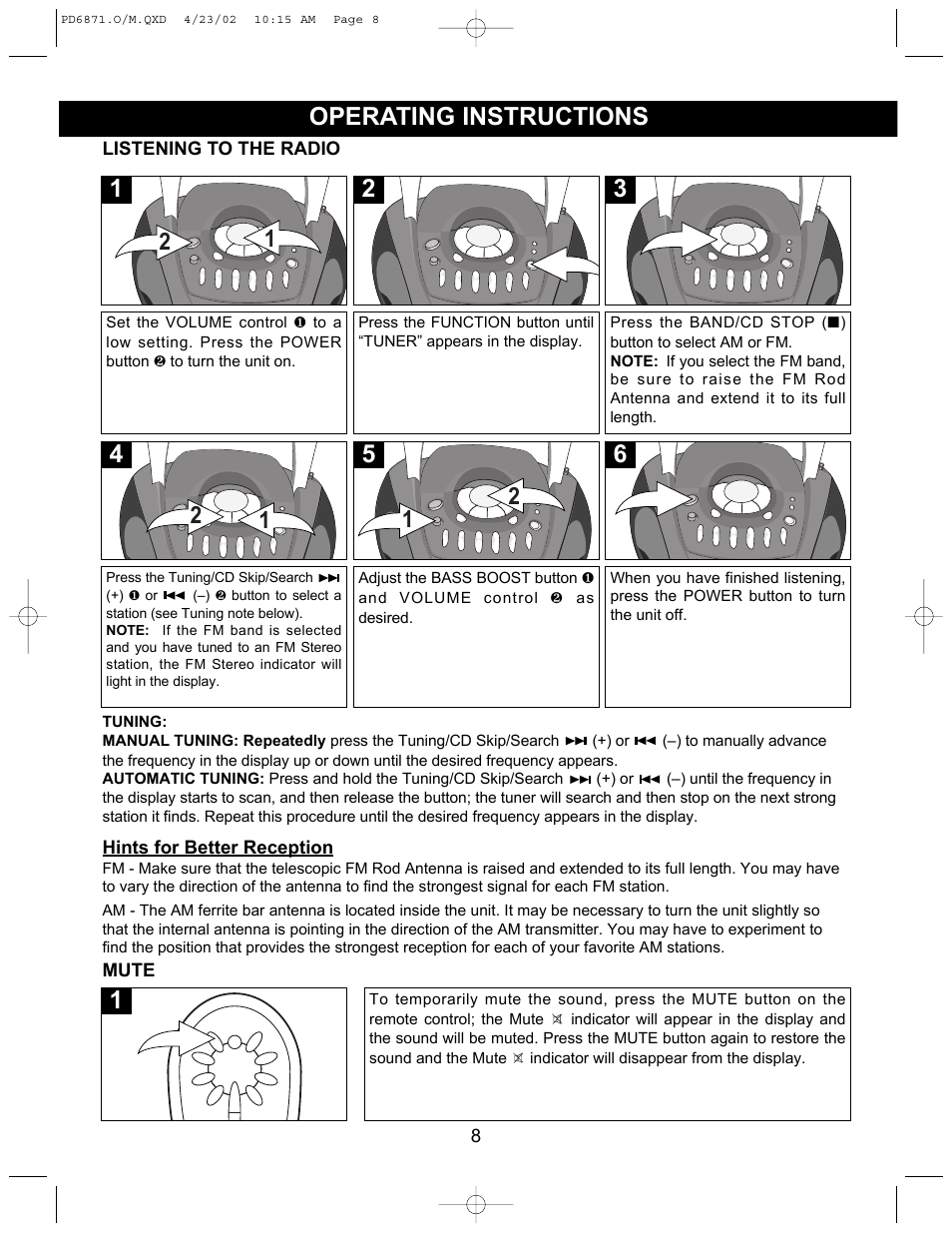 Operating instructions | Emerson Radio PD6871 User Manual | Page 8 / 23