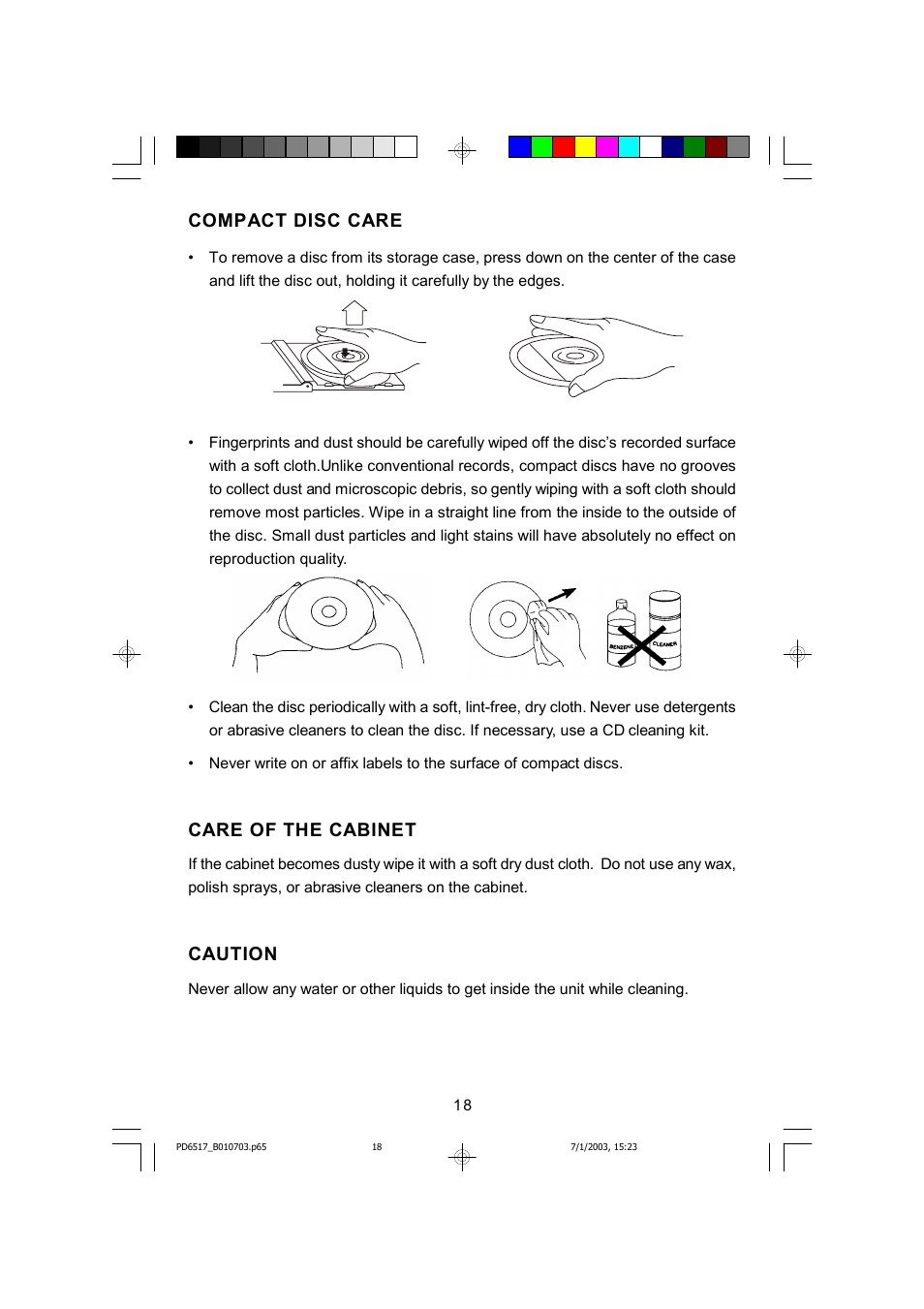 Compact disc care, Care of the cabinet, Caution | Emerson Radio SB266 User Manual | Page 19 / 22