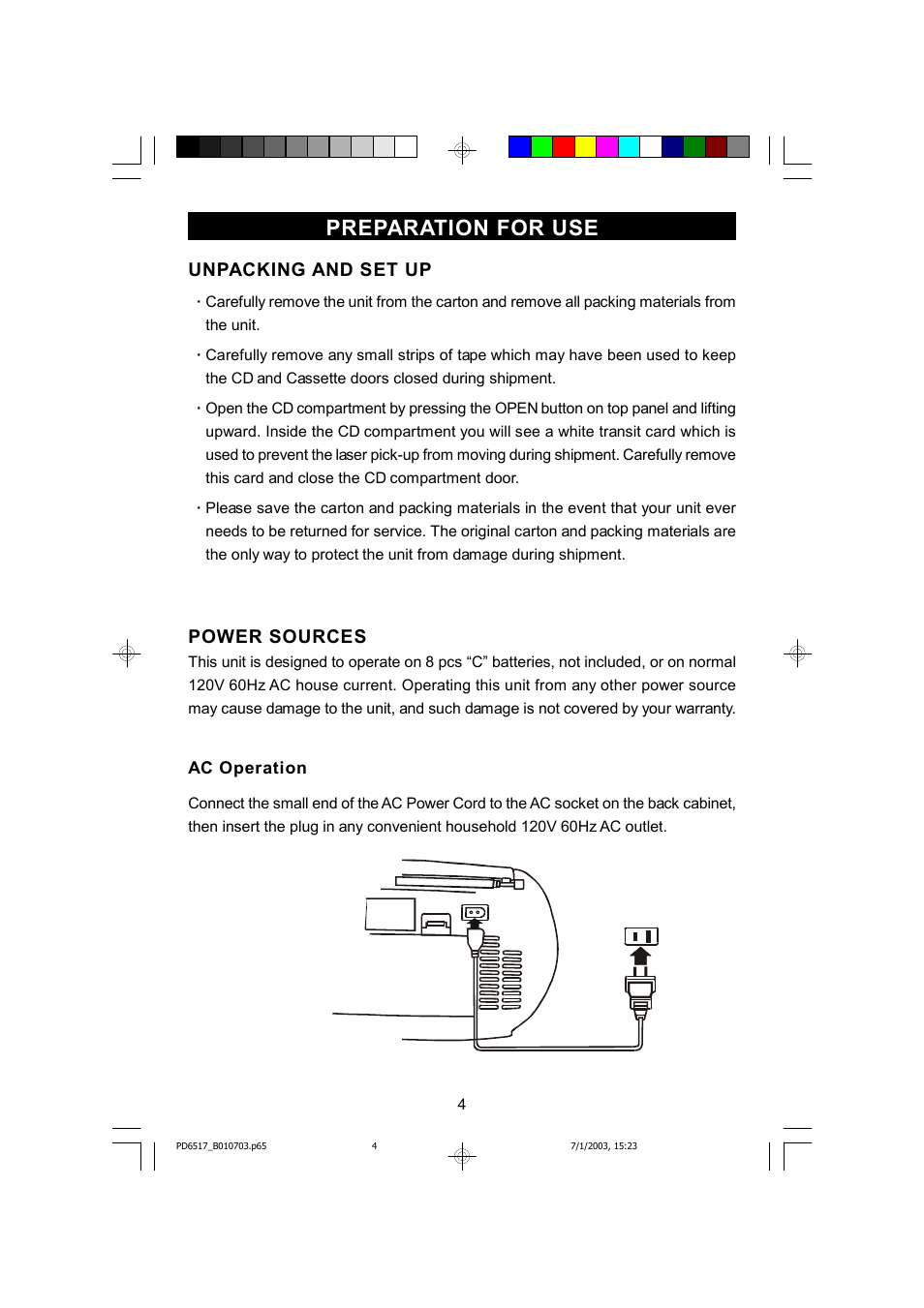 Preparation for use, Unpacking and set up, Power sources | Emerson Radio SB266 User Manual | Page 5 / 22