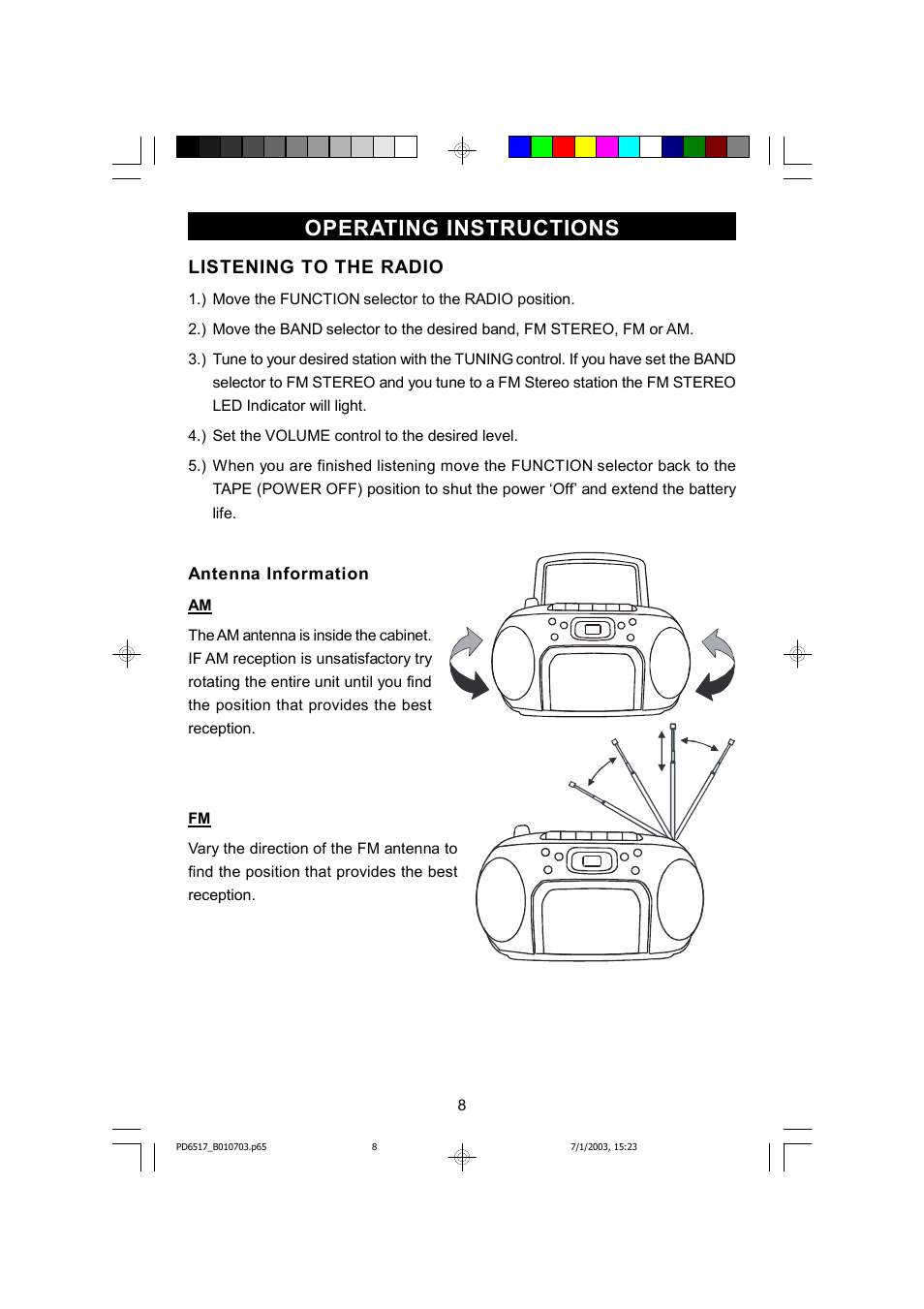 Operating instructions, Listening to the radio | Emerson Radio SB266 User Manual | Page 9 / 22