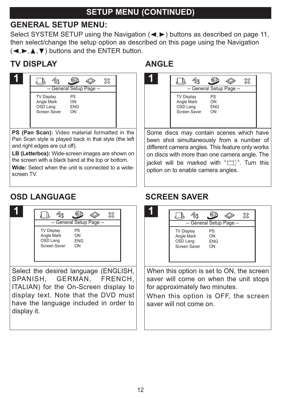 Setup menu (continued), Angle, Osd language screen saver general setup menu | Tv display | Emerson Radio DTE321 User Manual | Page 13 / 31