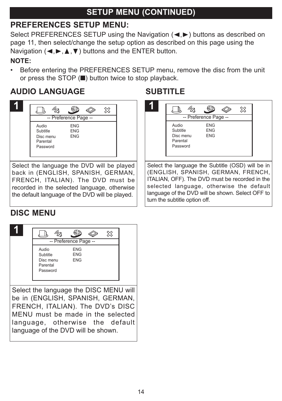 Setup menu (continued), Preferences setup menu, Audio language subtitle disc menu | Emerson Radio DTE321 User Manual | Page 15 / 31