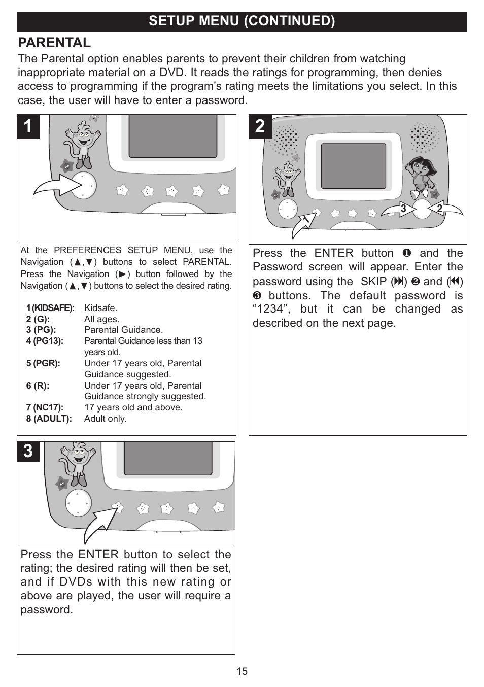 Setup menu (continued), Parental | Emerson Radio DTE321 User Manual | Page 16 / 31
