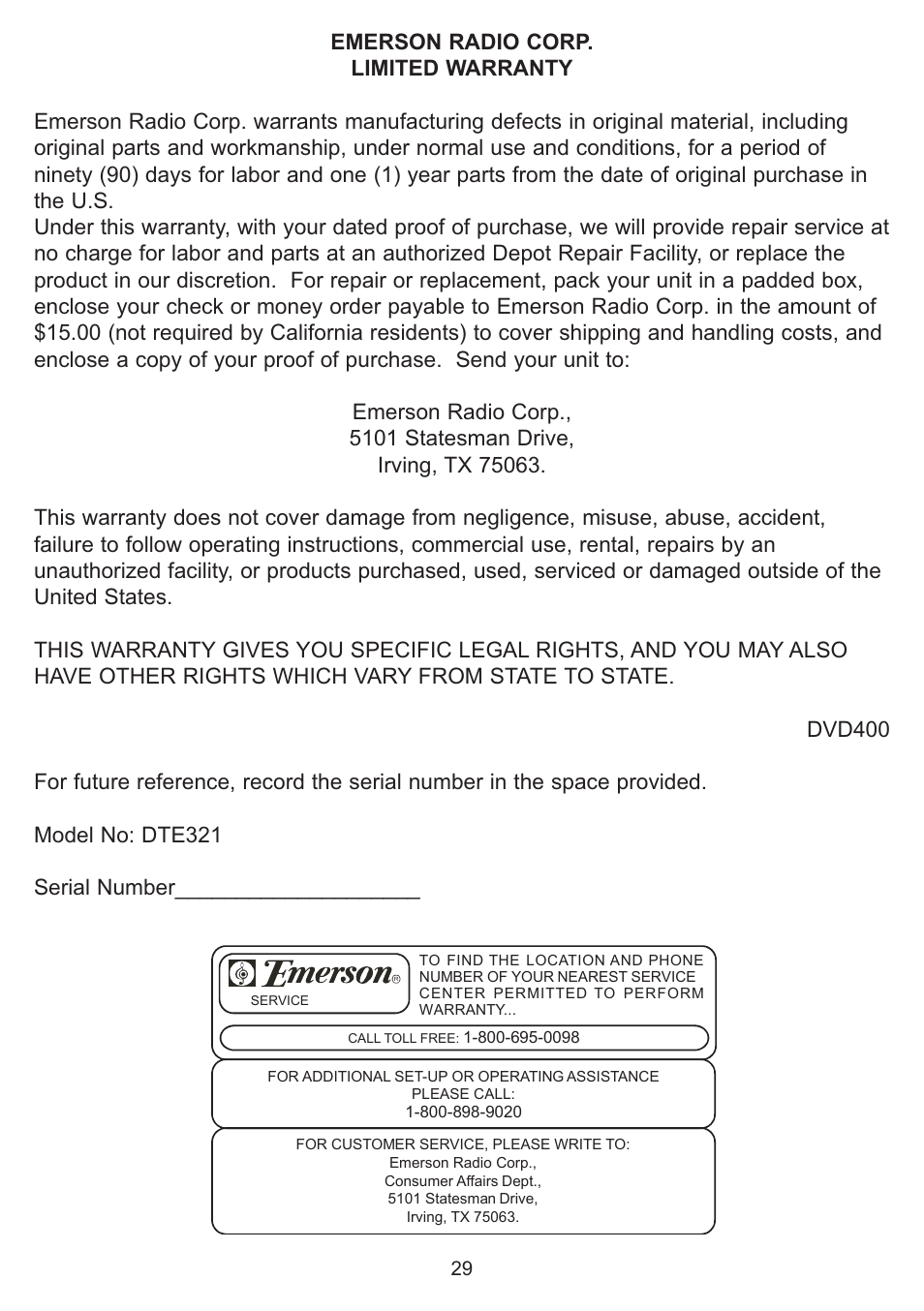 Emerson Radio DTE321 User Manual | Page 30 / 31