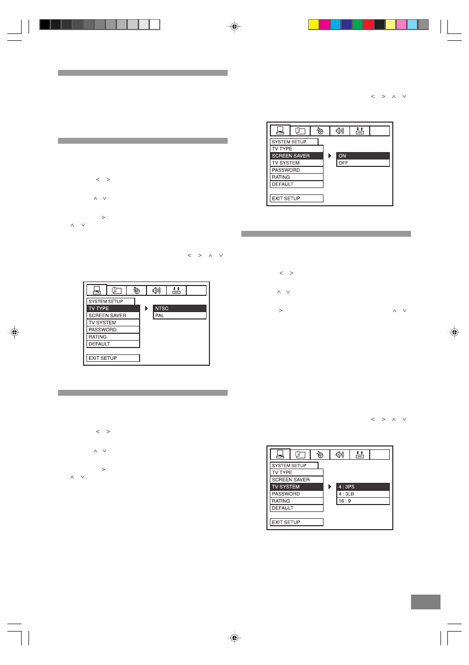 Settings and adjustments, Tv type, Screen saver | Tv system | Emerson Radio DTE328 User Manual | Page 25 / 35