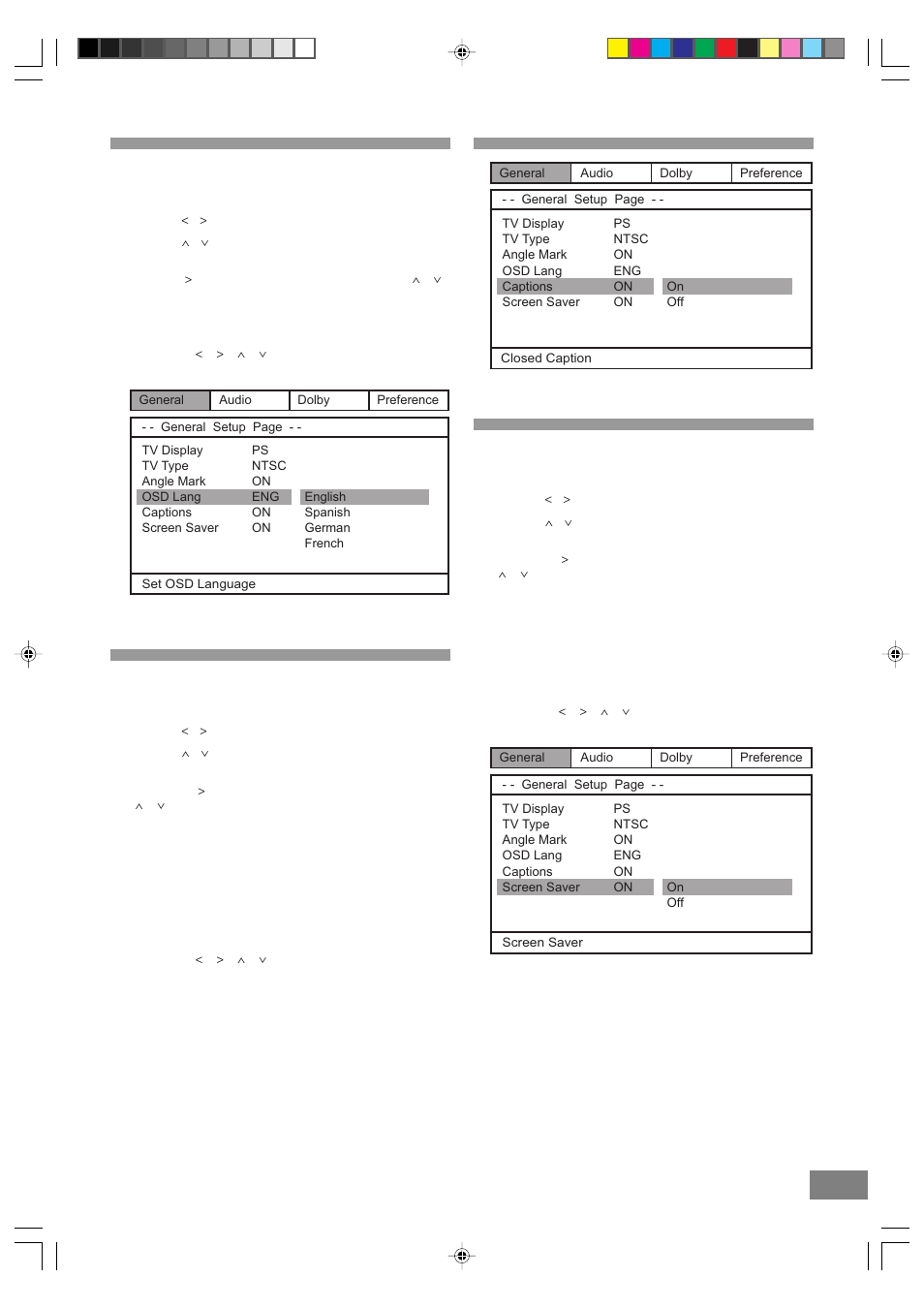 On screen display language, Captions, Screen saver | Emerson Radio DTE329 Part 1 User Manual | Page 25 / 25