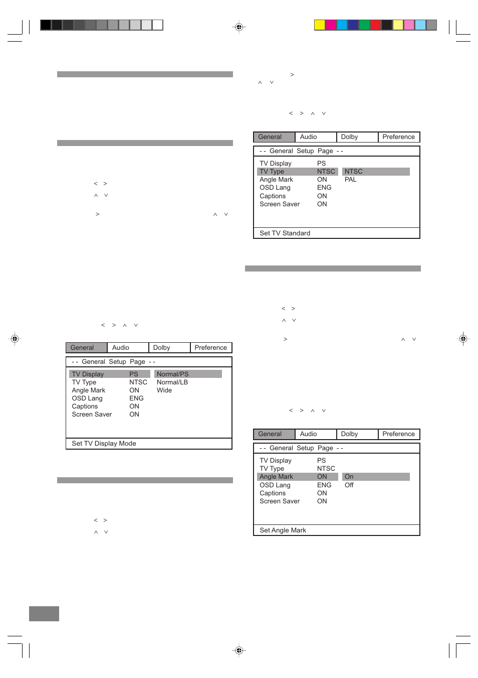 Settings and adjustments, Tv display, Tv type | Angle mark | Emerson Radio SB329 User Manual | Page 24 / 32