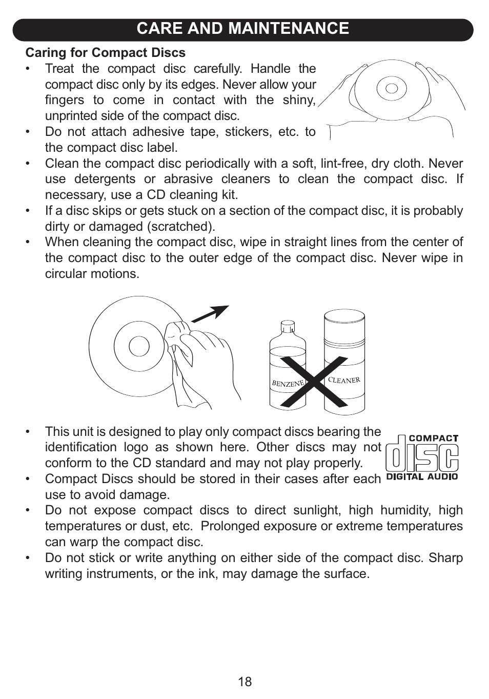 Care and maintenance | Emerson Radio DTE516 User Manual | Page 19 / 22