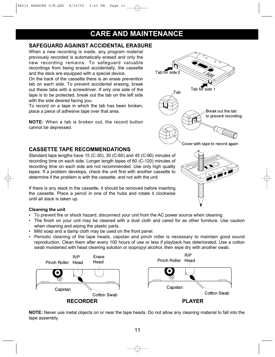 Care and maintenance | Emerson Radio EK215 User Manual | Page 12 / 16