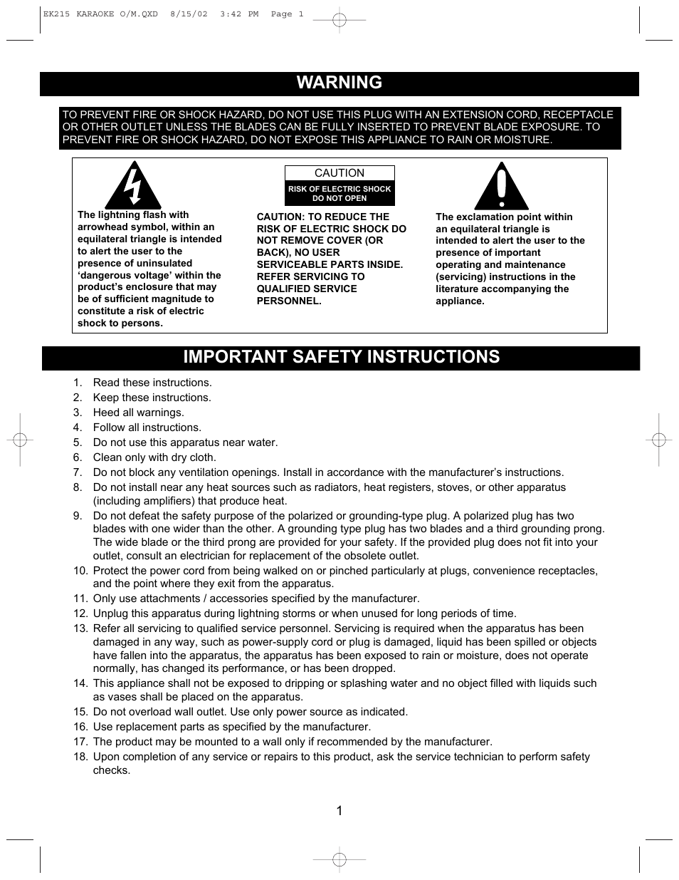 Warning important safety instructions | Emerson Radio EK215 User Manual | Page 2 / 16