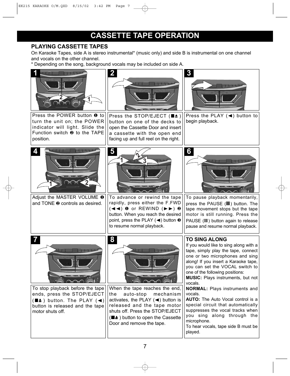 Cassette tape operation | Emerson Radio EK215 User Manual | Page 8 / 16