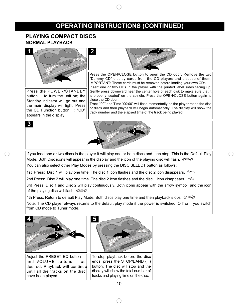 Operating instructions (continued), Playing compact discs | Emerson Radio ES17 User Manual | Page 11 / 19