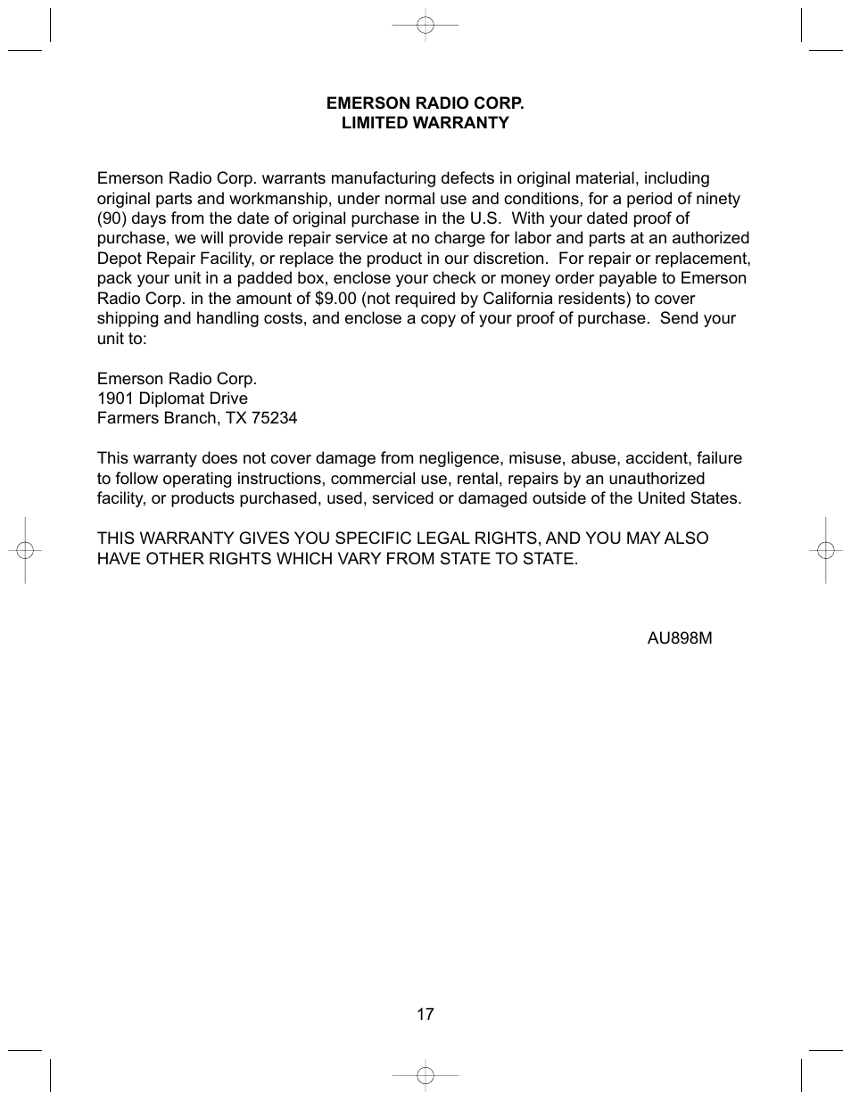 Emerson Radio ES17 User Manual | Page 18 / 19