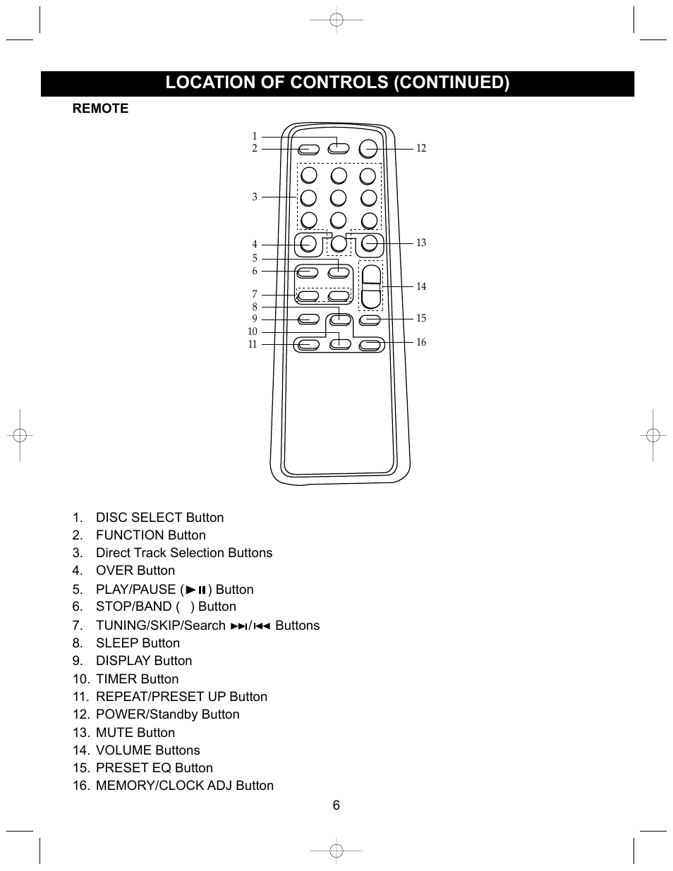 Location of controls (continued) | Emerson Radio ES17 User Manual | Page 7 / 19